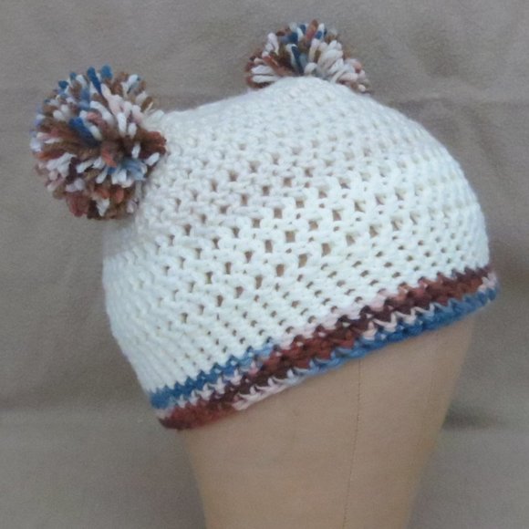 New OOAK Unisex Hand Crocheted Cream & Multi Double Pom Pom Beanie - Picture 3 of 7